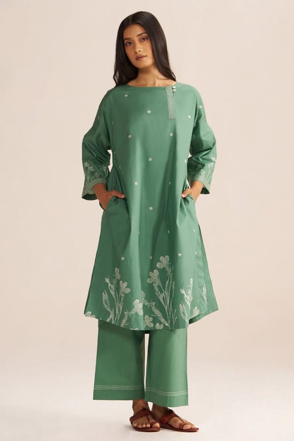 Pine Green Printed Kurta and Wide-Leg Pant Co-ord Set — Ganga Fashions Pvt Ltd