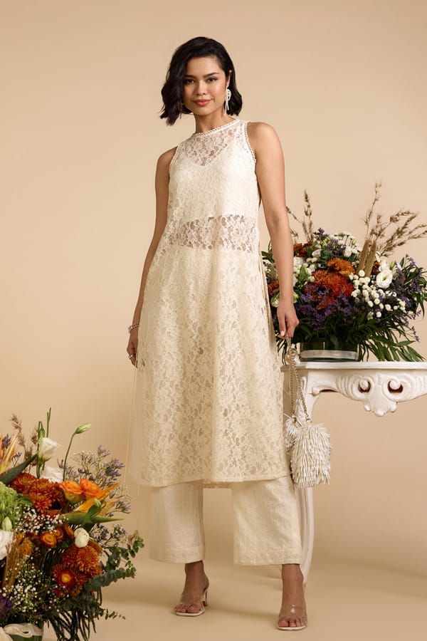 Ivory Sheer Lace Halter-Neck Kurta Set with Pants — AVERIE