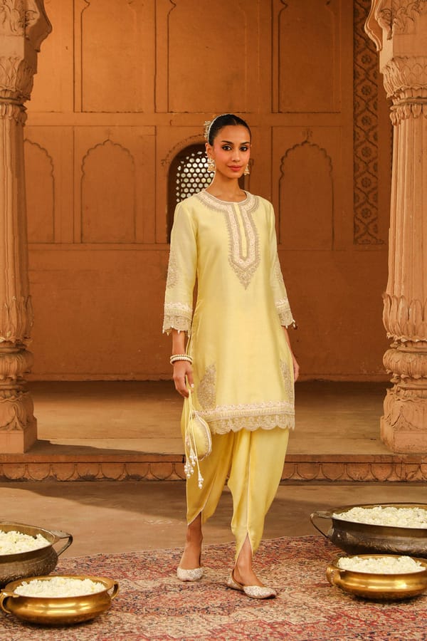 Lemon Yellow Embroidered Straight Kurta Set with Dhoti — Sheetal Batra