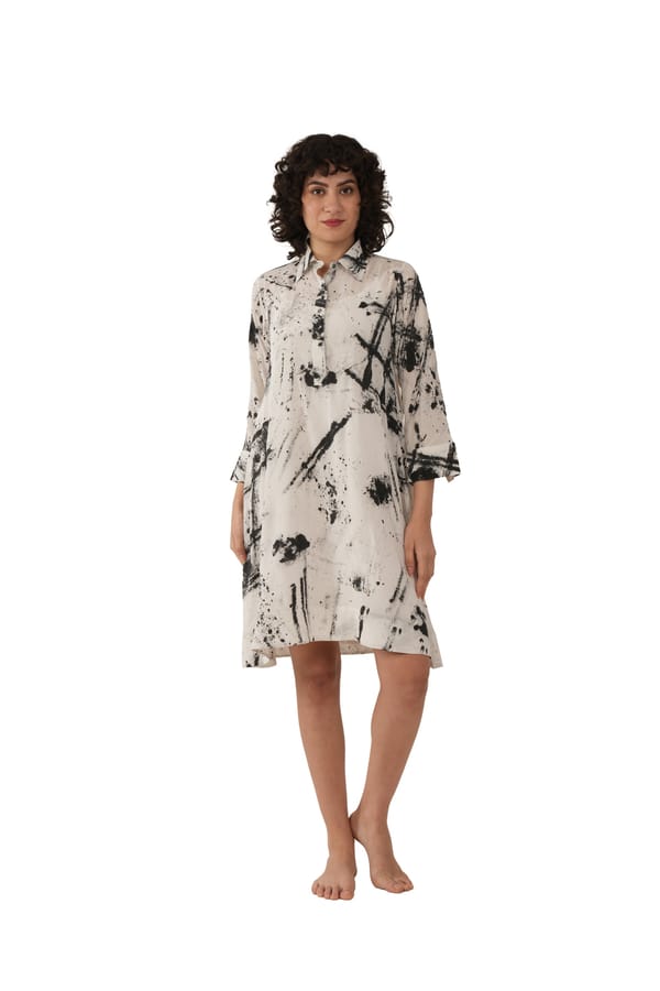 White/Black Silk Abstract Printed Longline Shirt — Khat