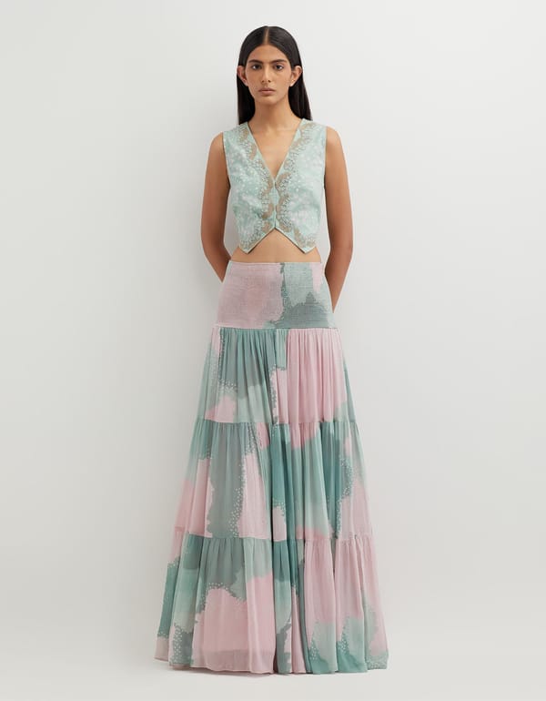 Multicolor Waist Coat with Tiered Printed Skirt — Kavita Bhartia