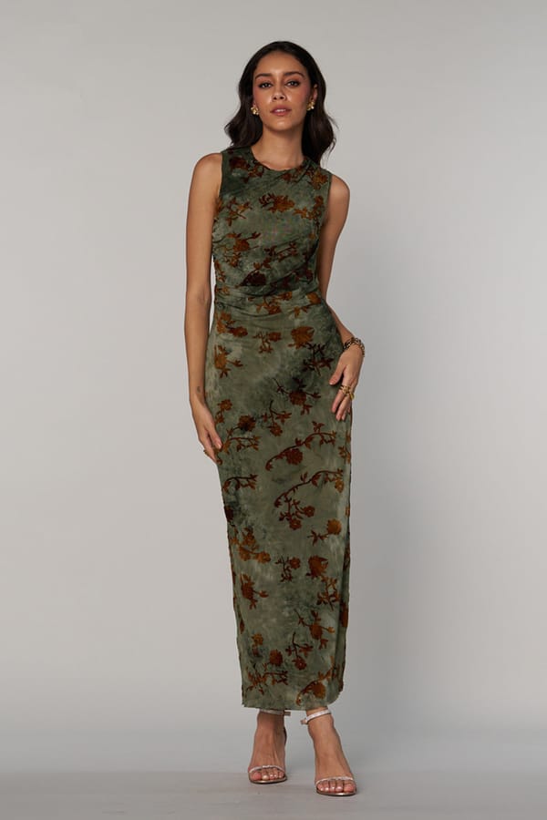 Green Burnout Velvet Mesh Ruched Bodycon Maxi Dress — Style Island