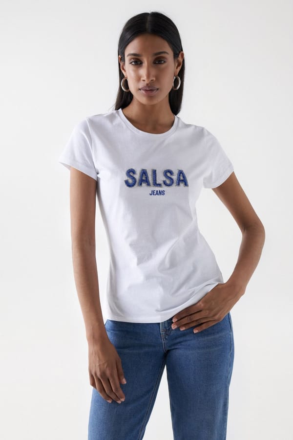 White Slim Fit Logo T-shirt with Embellished Detail — SALSA JEANS