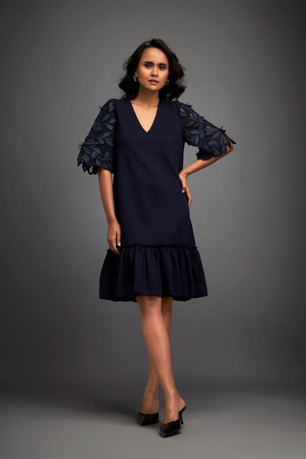 V-neck Dress With Leaf-patterned Sleeves — Deepika Arora