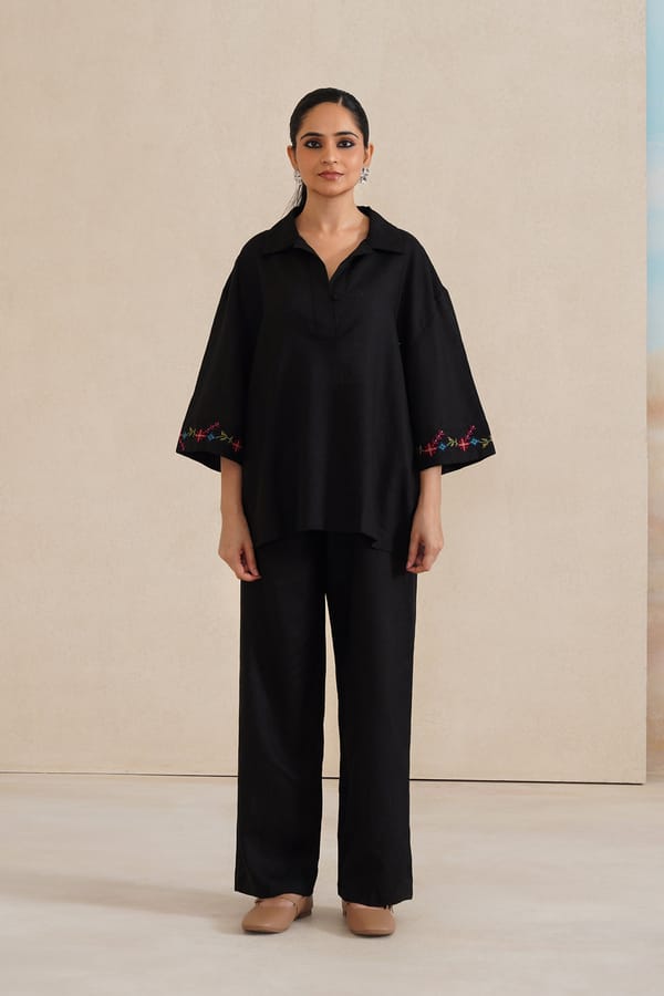 Black Linen Cotton Co-ord Set with Cross-Stitch Sleeve Detail — INCHING INDIA