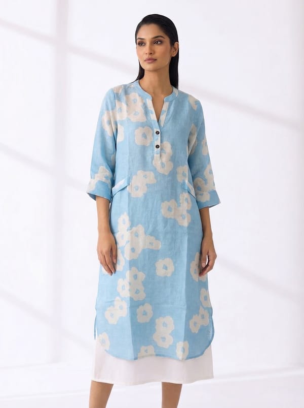 Blue Poppy Floral Straight Midi Dress with Mandarin Collar — YELL