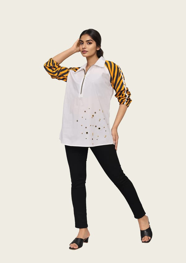 White Cotton Shirt with Contrast Sleeves and Embroidery — Richa Goenka