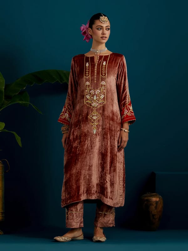 Dull Pink Velvet Notched Neck Embroidered Kurta Set — Anantaa