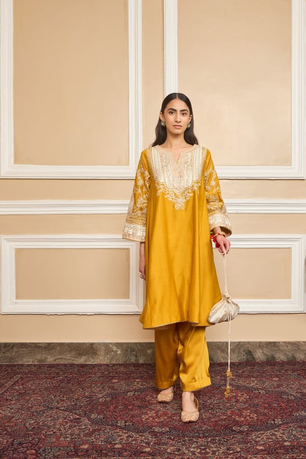 Glaze Mustard Embroidered Kalidaar Kurta Set with Salwar — Sheetal Batra