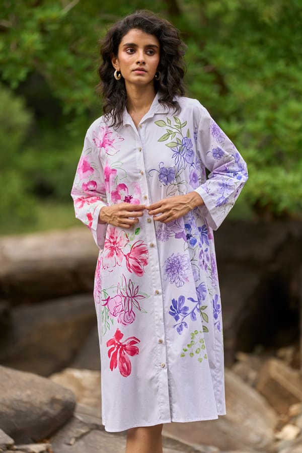 Multicolor Floral Midi Shirt Dress with Button-Down Front — Dash and Dot