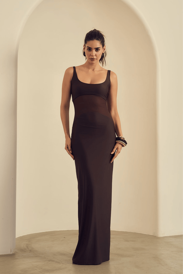 Brown Bodycon Maxi Dress with Scoop Neck — LABEL FROW