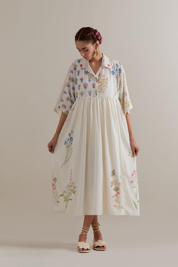 Off-White Cotton Smock Midi Dress with Floral Block Print — Upavita