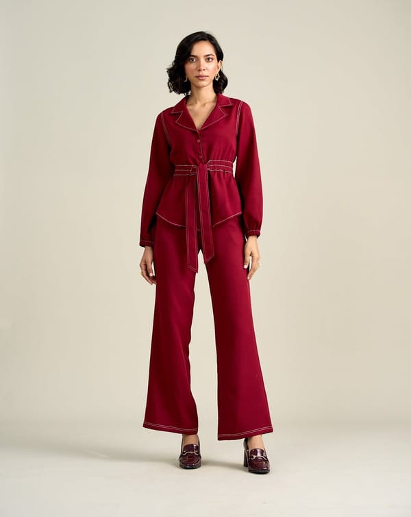 Burgundy Lapel Collar Button-Front Belted Jacket Top — Style Island