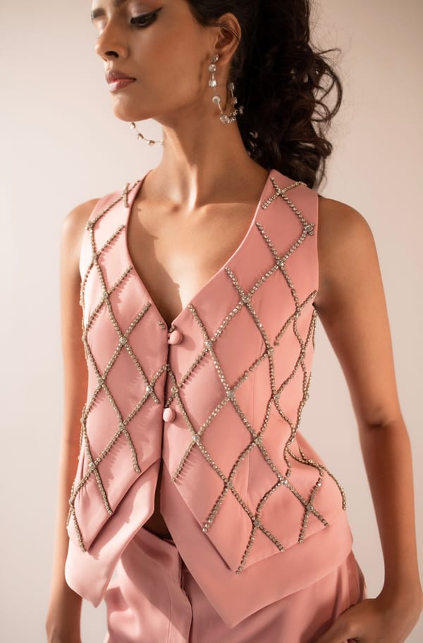Rose Pink Hand-Embellished Tailored Waistcoat — MAGIA