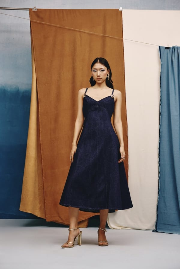 Deep Indigo Denim Corset Fit and Flare Midi Dress — quietBOLD