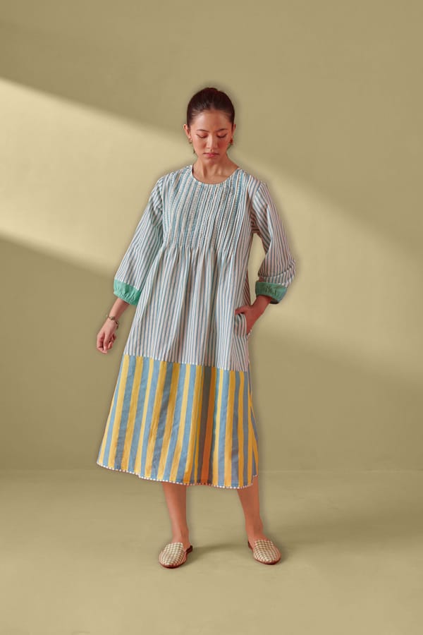 Eclat Aqua & Yellow Pintuck Striped Dress — ROHO