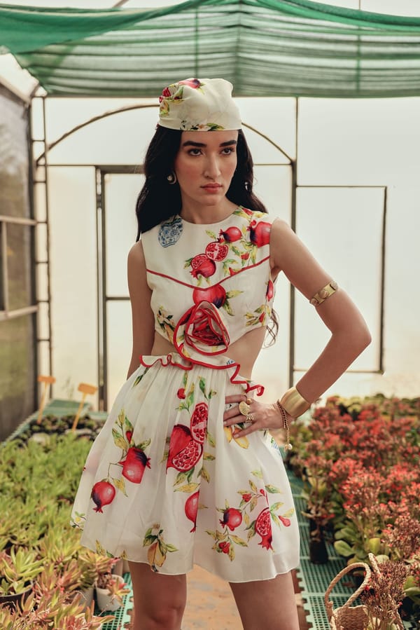 Off-White Fruit Print Silk Mini Dress with Rosette Detail — BELONG
