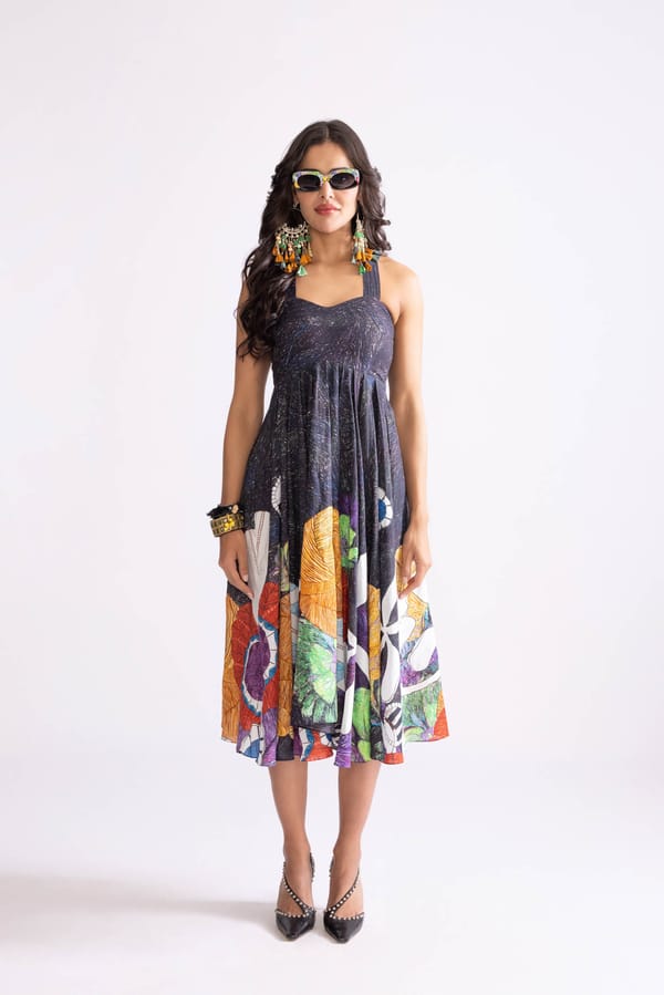 Black/Multi Tribal Placement Print Empire Midi Dress — Saaksha and Kinni
