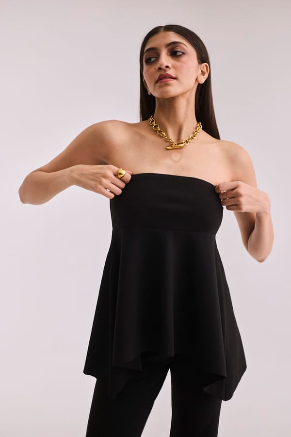 Black Strapless Asymmetric Flared Tube Top — Urban Suburban