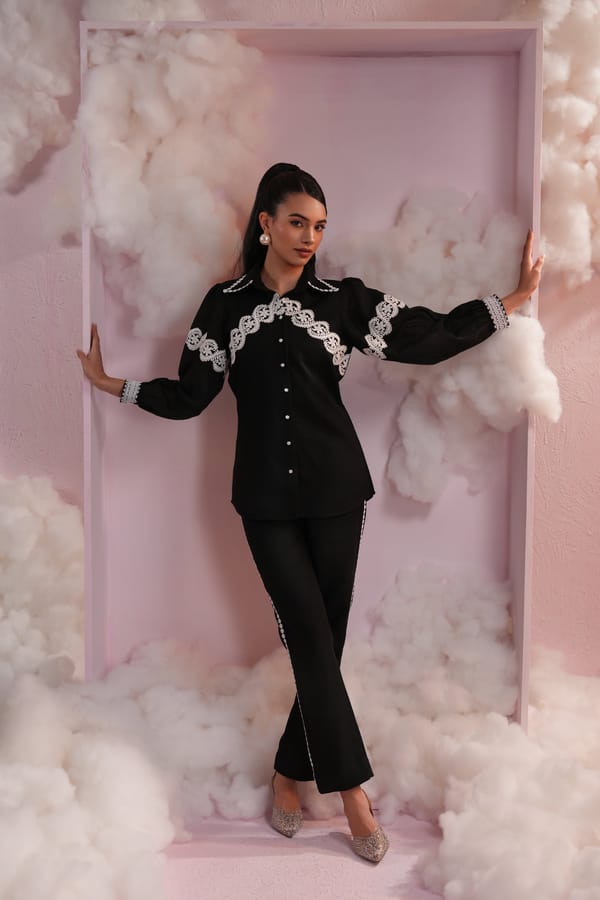 Black Shirt and Tapered Pants Co-ord Set with Lace Detail — Simar Tuli