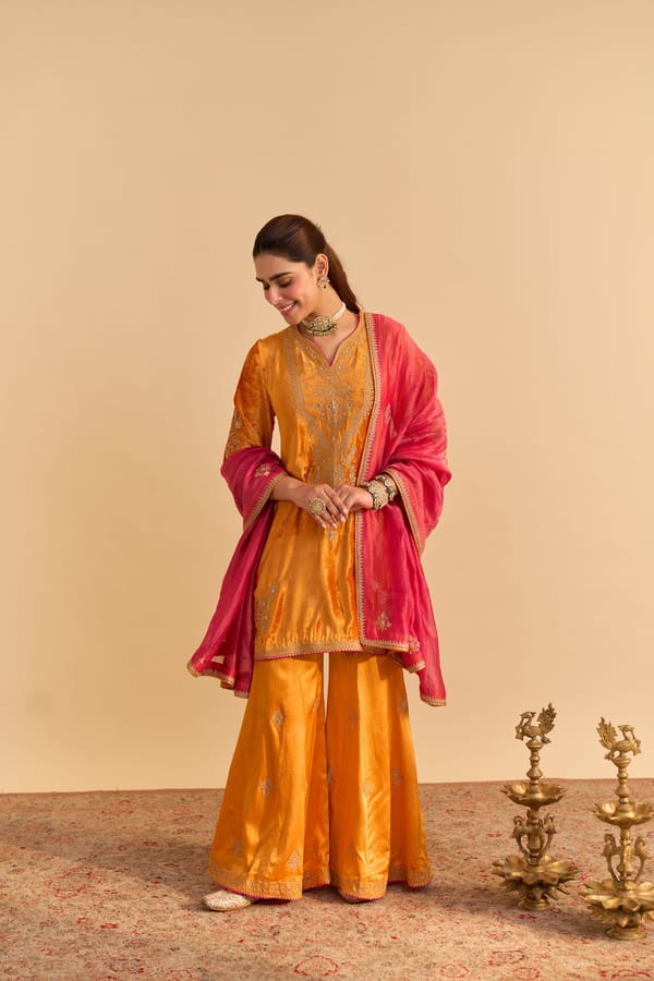 Burnt Orange Velvet Silk Embroidered Kurta Set With Dupatta — Sheetal Batra