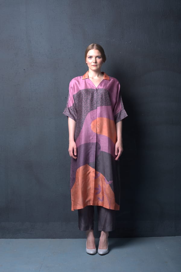 Dark Purple/Peach Dupion Silk Kurta Set — CLOS