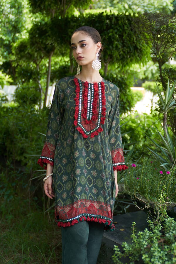 Olive Green Printed Mirror Work Kurta Set — Chakkraa