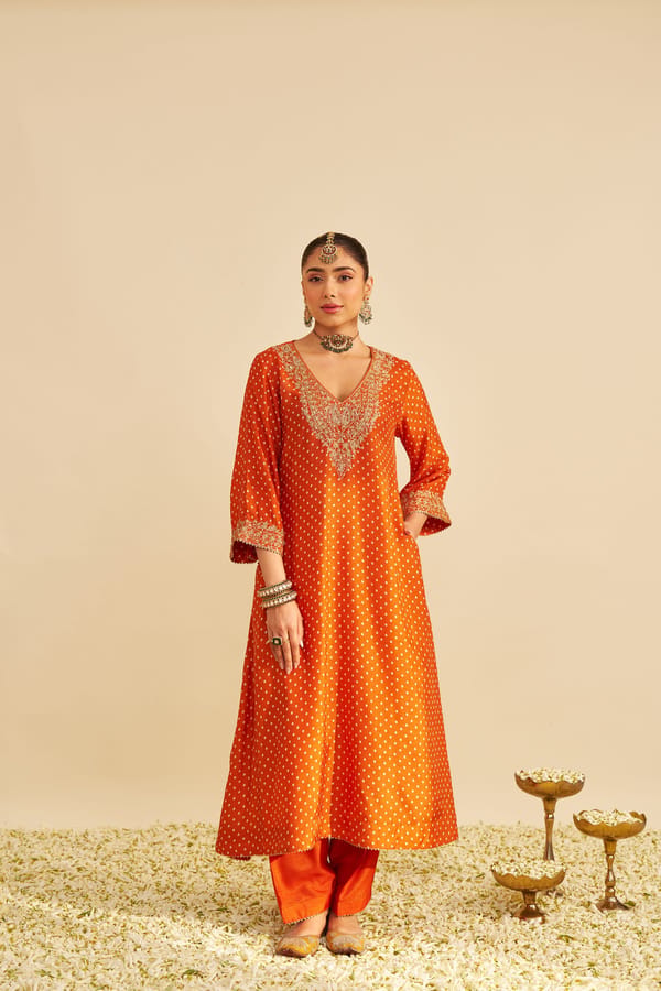 Orange Bandhani A-Line Chauga Kurta Set with Salwar — Sheetal Batra