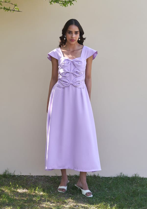 Lilac Fit and Flare Midi Dress with Bow and Pearl Detail — AMOSHI