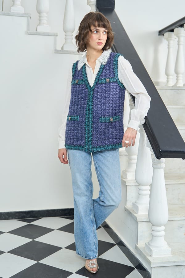 Purple Tweed Sleeveless Jacket with Green Contrast Trim — AVERIE