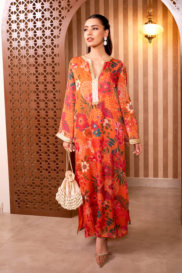 Orange Floral Printed Georgette Satin Long Kaftan — Sttavoss