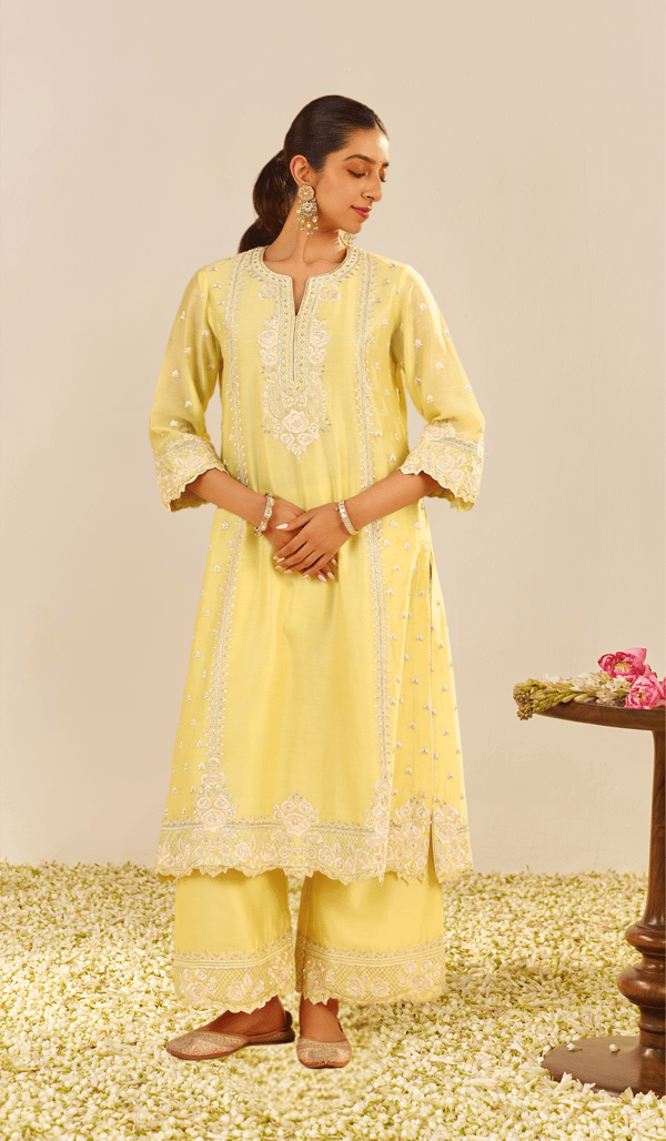 Lemon Yellow A-Line Embroidered Kurta Set with Palazzo — Sheetal Batra