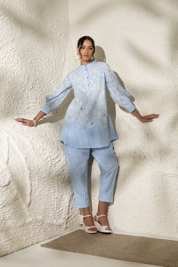 Blue Striped Lace Tunic and Pants Co-ord Set — Rhe-Ana