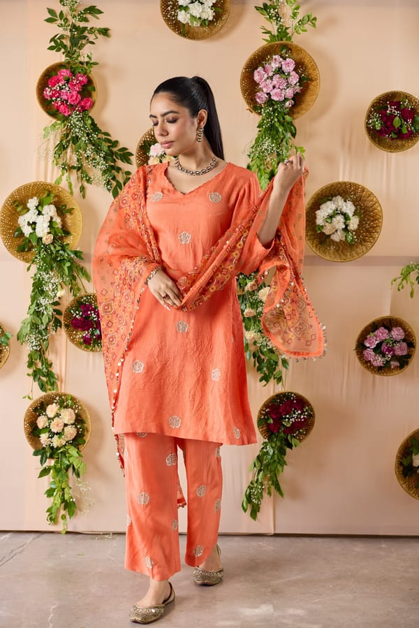 Orange Silk  Kurta With Pants & Dupatta — Pooja Singhal