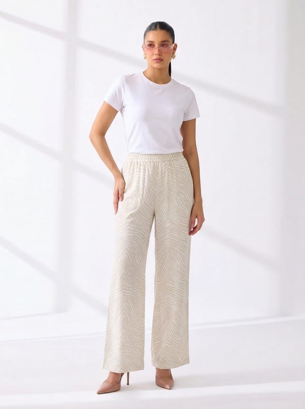 Off White Linen Printed Wide-Leg Trousers — Missy Co.