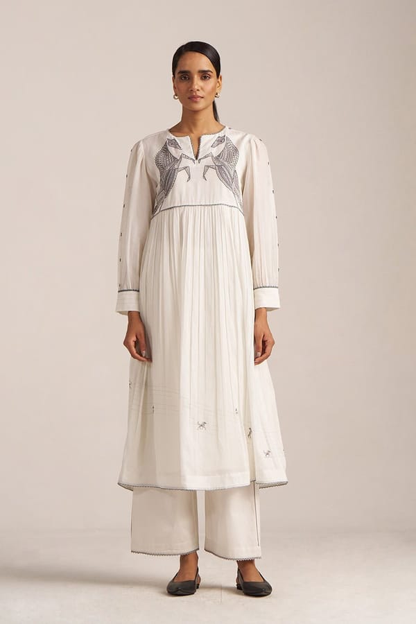Milky White Embroidered Kurta and Wide-Leg Pant Co-ord Set — Ganga Fashions Pvt Ltd