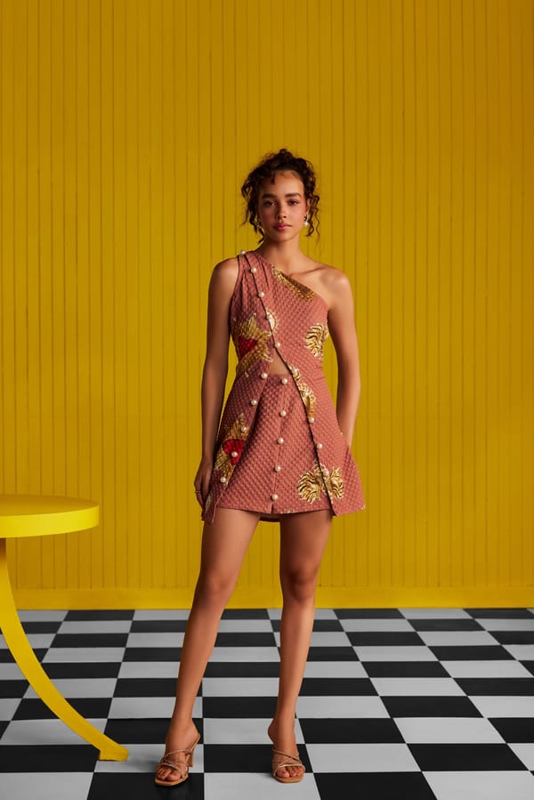 Beige One-Shoulder Top and Mini Skirt Co-ord Set — Zip by Payal Zinal