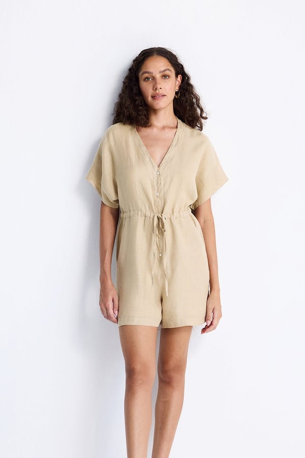 Neutral Beige Hemp V-Neck Drawstring Romper — REISTOR