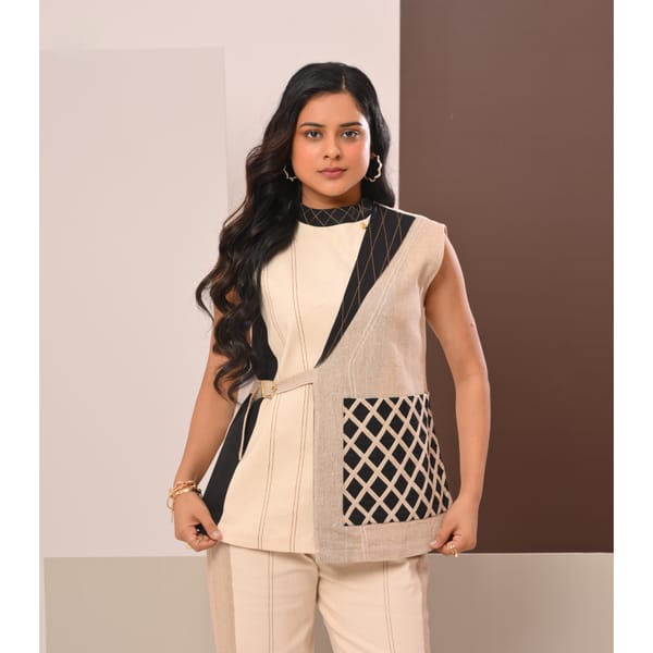 Beige and Black Colorblock Lattice Vest Top — Veera Wear