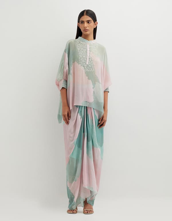 Multicolor Printed Poncho Top & Cowl Skirt — Kavita Bhartia