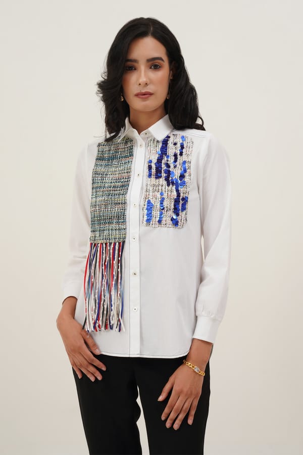 White Button-Down Shirt with Sequin Patchwork and Fringe — STITCH STORIES