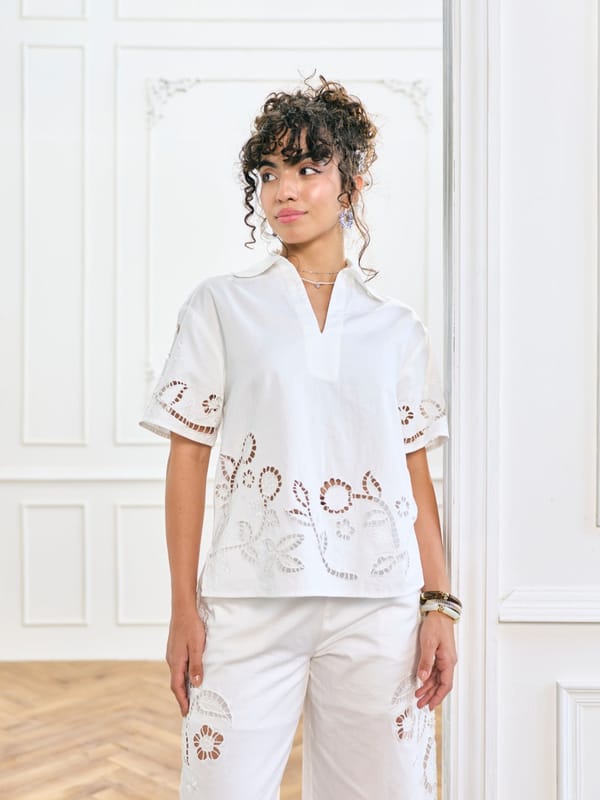 White Cotton Poplin Cutwork Embroidered Collared Top — Style Island