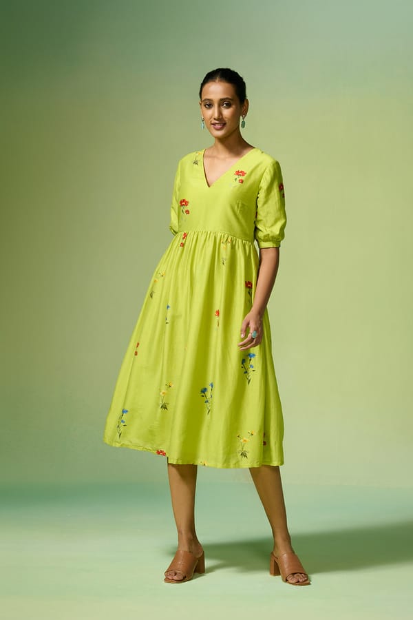 Lime Green Floral Chanderi Midi Dress with Pockets — Dressfolk