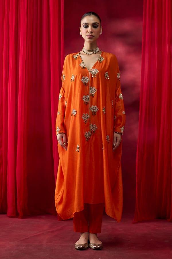 Orange Silk Chanderi Embroidered Kaftan Set — Shikha Mehta