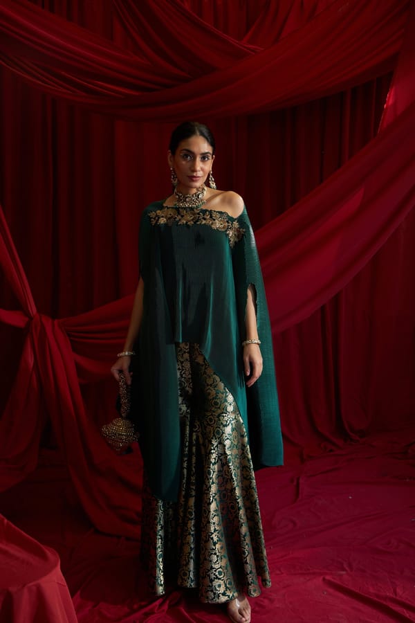 Emerald Green Pleated Cape and Brocade Sharara Co-ord Set — TASUVURE