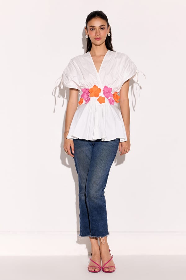 White Cotton Poplin Peplum Blouse with 3D Floral Waist — BOHO-CHIC