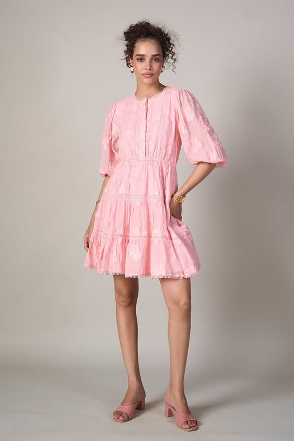 Pink Jacquard Fit and Flare Mini Dress with Lace Details — Style Island