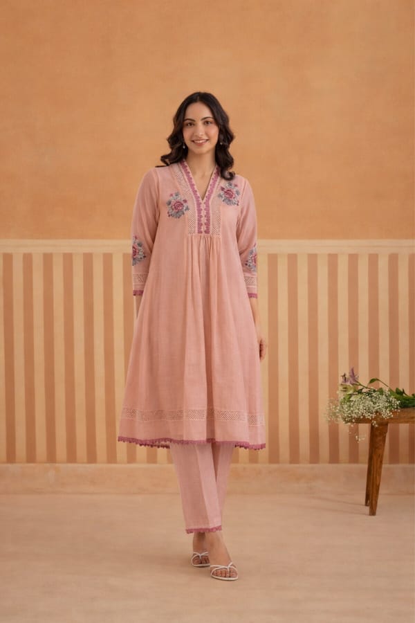 V-Neck Kurta Set with Lace Accents — Omi Clothing