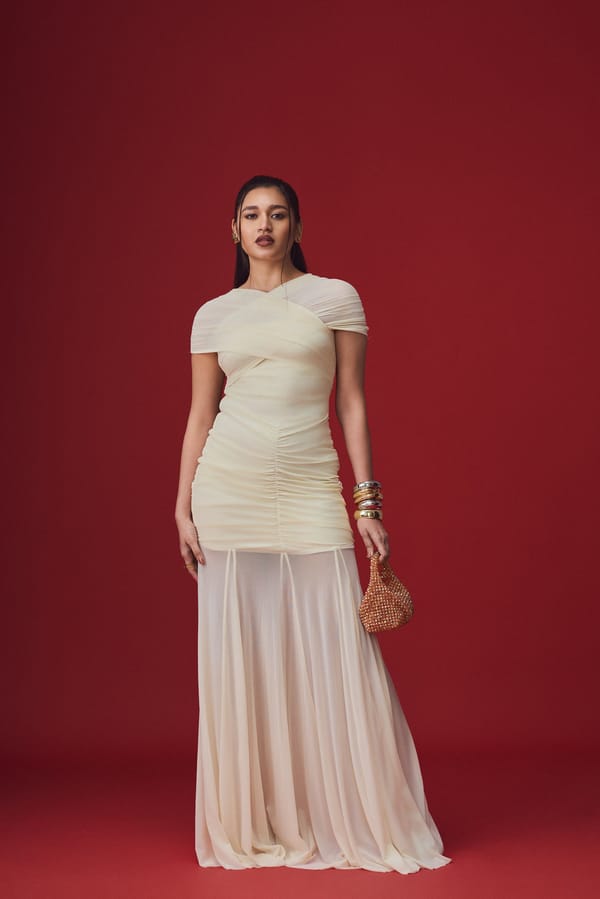 Ivory Off-Shoulder Ruched Maxi Gown — LABEL FROW