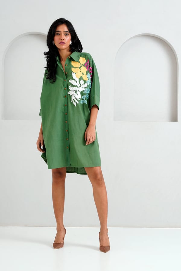 Pine Green Oversized Shirt Dress with Sequin Floral Detail — Madder Much